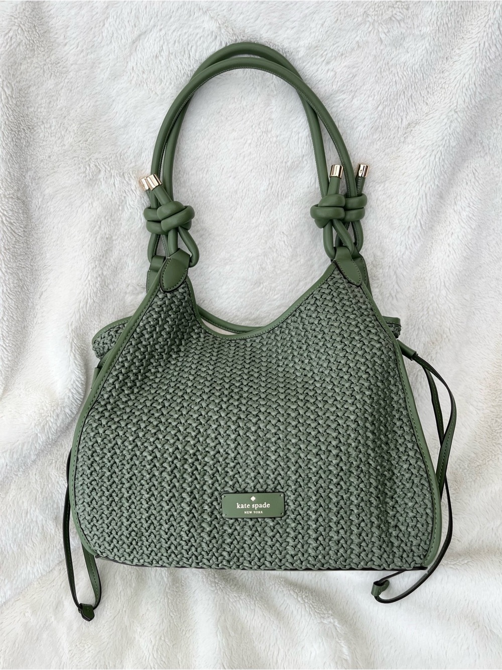 NWOT Kate Spade Olive Green Woven Knot-Handle Straw Shoulder Bag